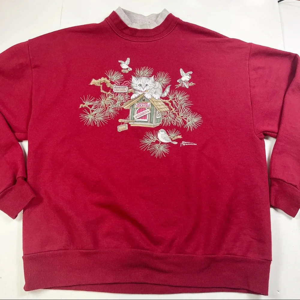 Vintage Cat Sweatshirt size Large Birds Nature Red Pullover - Picture 1 of 10
